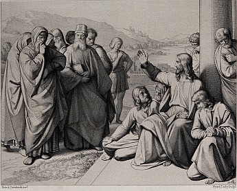 V0034553 Christ curses the Pharisees. Etching by F.A. Ludy after J.F.